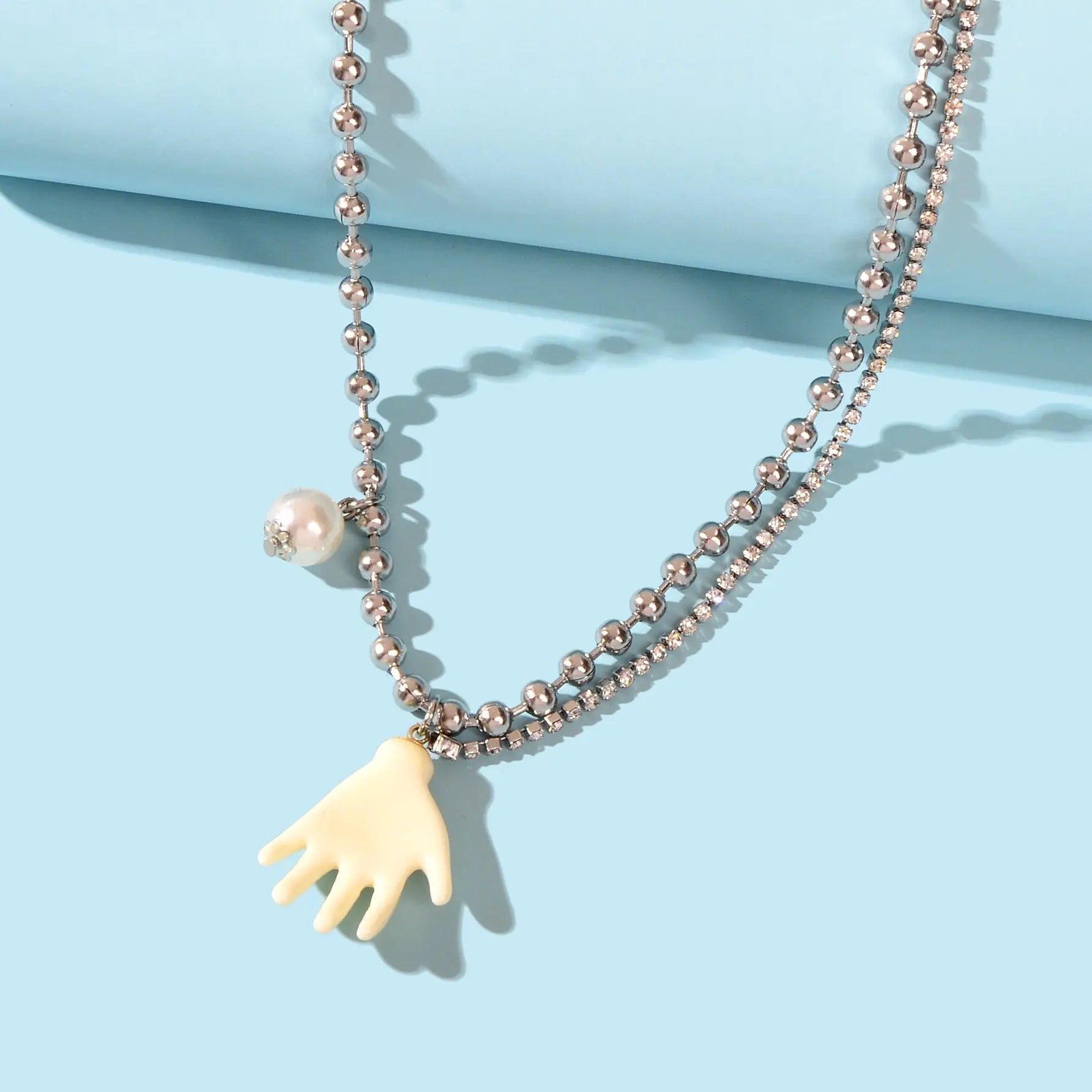 Punk Hip Hop Popcorn Rhinestone Double layer Chain Pearl Hand Pendant Necklace Feelontop Jewellery
