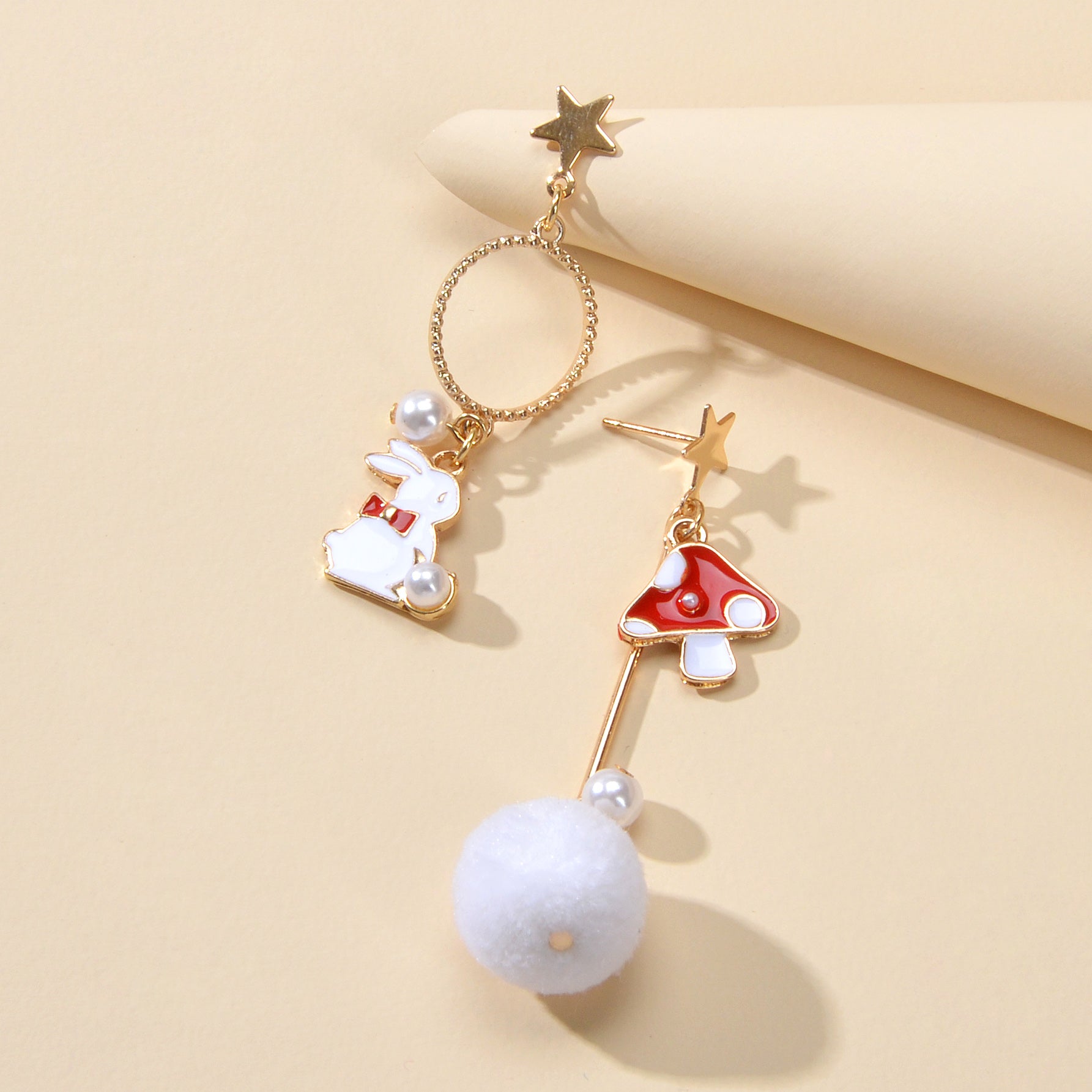 Red White Enamel Easter Rabbit Bunny Mushroom Ball Charm Asymmetric Earrings Feelontop Jewellery