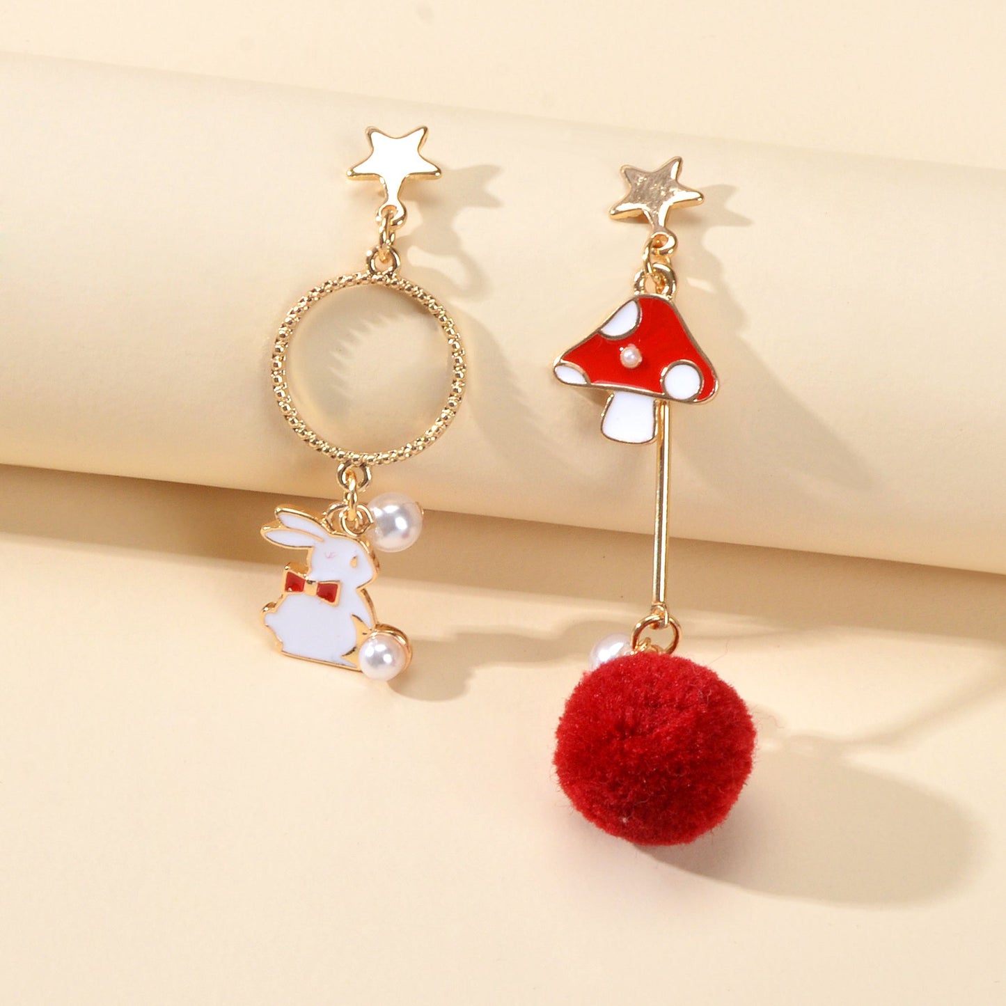 Red White Enamel Easter Rabbit Bunny Mushroom Ball Charm Asymmetric Earrings Feelontop Jewellery