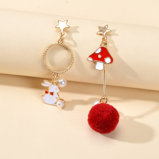 Red White Enamel Easter Rabbit Bunny Mushroom Ball Charm Asymmetric Earrings Feelontop Jewellery