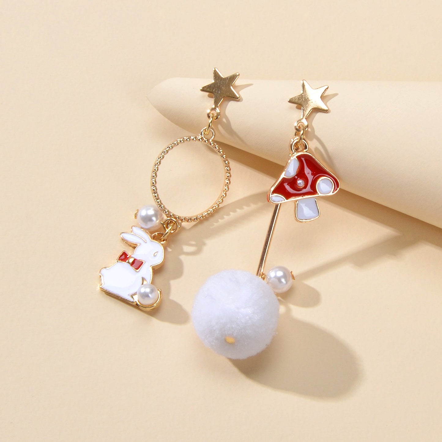 Red White Enamel Easter Rabbit Bunny Mushroom Ball Charm Asymmetric Earrings Feelontop Jewellery