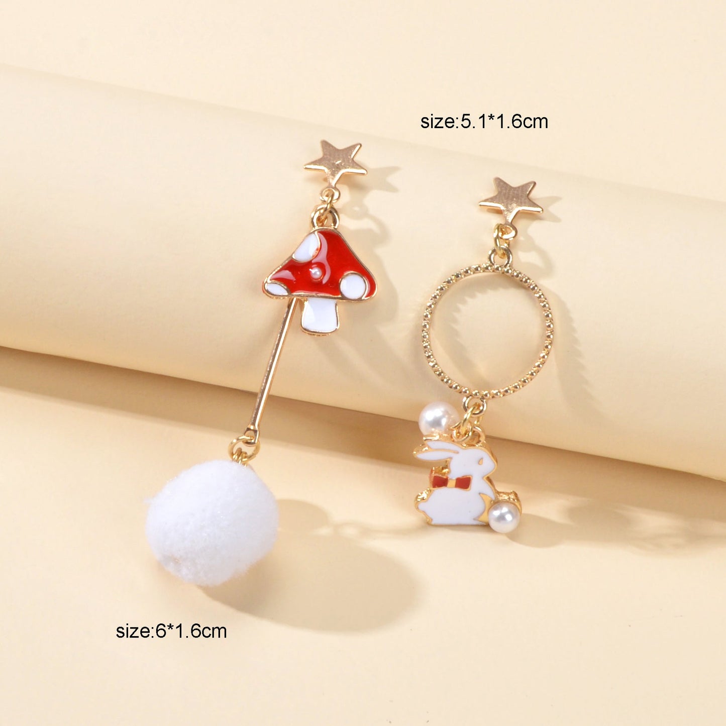 Red White Enamel Easter Rabbit Bunny Mushroom Ball Charm Asymmetric Earrings Feelontop Jewellery