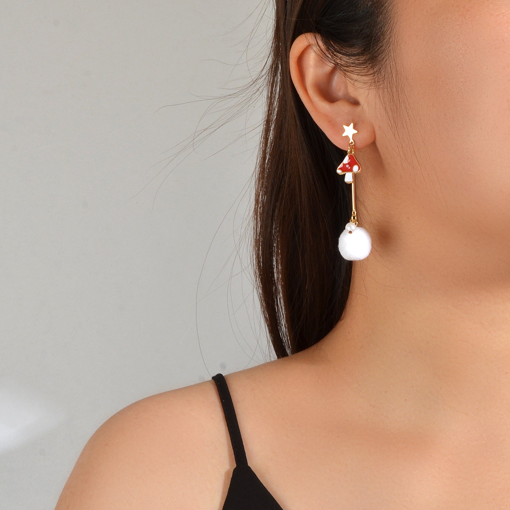 Red White Enamel Easter Rabbit Bunny Mushroom Ball Charm Asymmetric Earrings Feelontop Jewellery