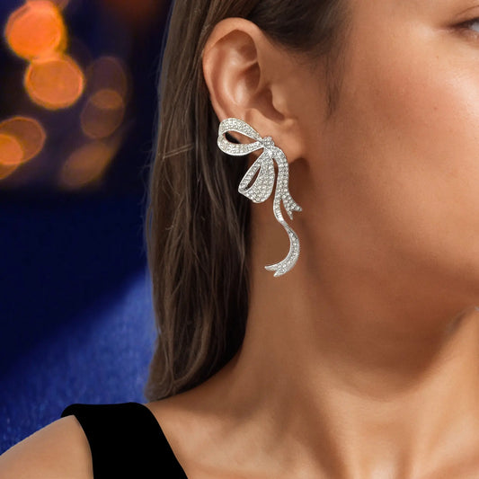 Luxurious Rhinestone Decor Silvery Bow Stud Earrings for Women Banquet Feelontop Jewellery