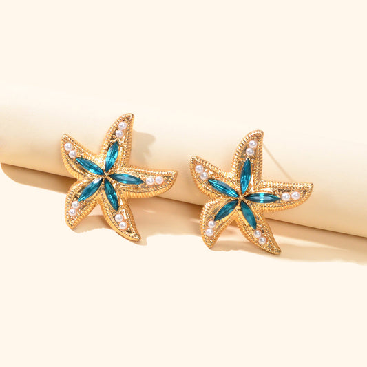 Classic Blue Gemstone Pearl Decor Sea Starfish Stud Girls New Lovely Earrings Feelontop Jewellery