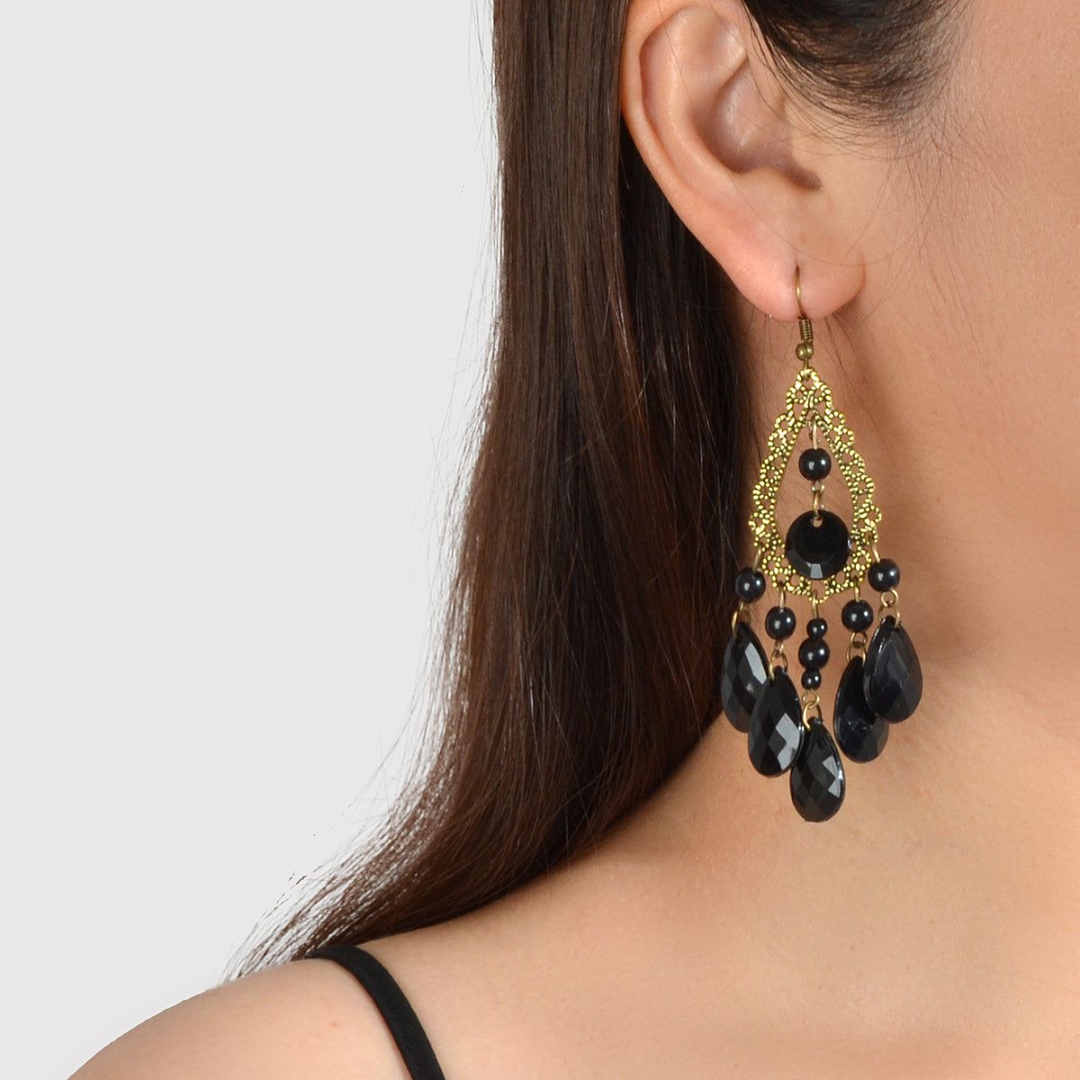 Bohemian Retro Jewellery Black Water Drop Beads Antique Gold Chandelier Earrings Feelontop Jewellery
