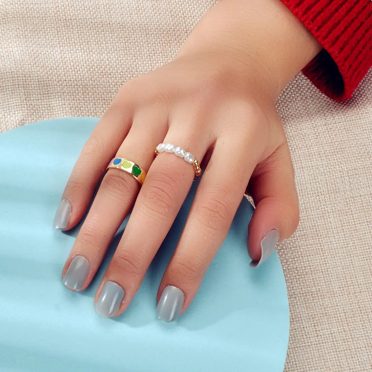 2 pcs Pearl Decor Elastic Ring Colorful Love Heart Enamel Finger Rings Jewellery Feelontop Jewellery