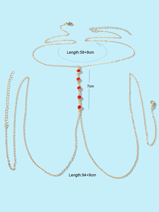 Sexy Red Beaded Decor Gold Body Chain Crossover Summer Beach Bikini Body Jewelry Feelontop Jewellery