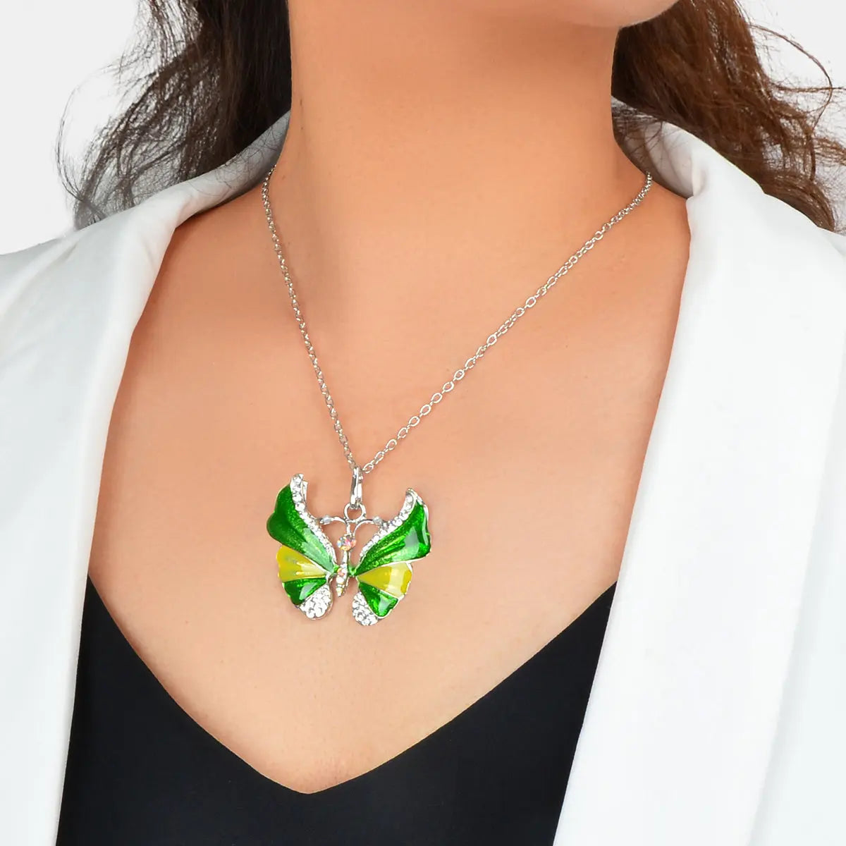 Boho Chic Silver Chain Rhinestone Blue Green Insect Butterfly Pendant Necklace Feelontop Jewellery