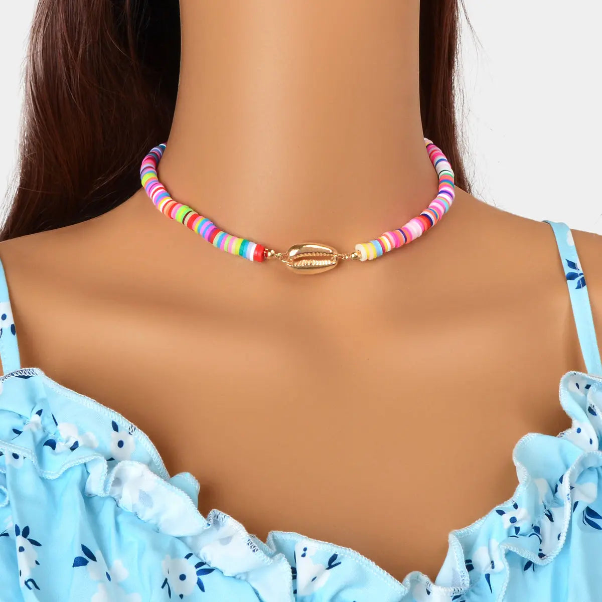 Surfer Choker Polymer Clay Necklace Boho Colourful Vinyl Disc Shell Collar Gift Feelontop Jewellery