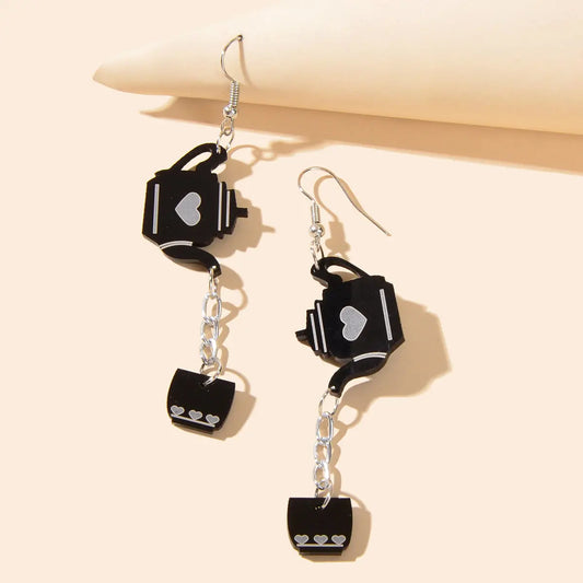 Heart Pattern Black Resin Teapot Cup Dangle Punk Hip Hop Earrings Teens Jewelry Feelontop Jewellery