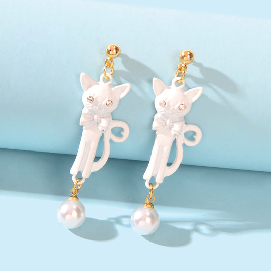 Funny Personality Creative Animal White Black Long Cat Dangling Element Earrings Feelontop Jewellery