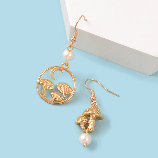 Asymmetrical Design Magical Gold Mushroom Moon Pearl Charm Dangle Earrings Gift Feelontop Jewellery