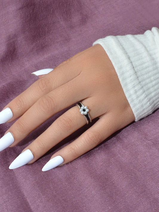 Retro Textured Jewellery Band Black Enamel Pearl Flower Open Cuff Finger Ring Feelontop Jewellery