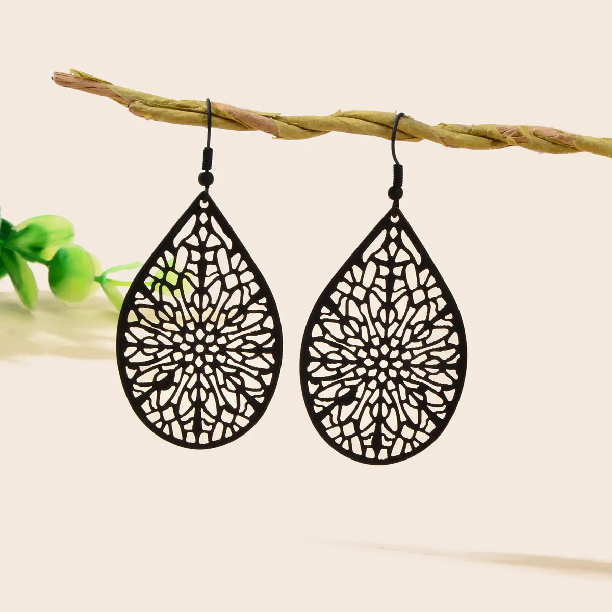 Vintage Black Flower Pattern Hollow Water Drop Earrings Trendy Women Accessories Feelontop Jewellery