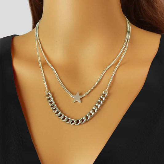 Punk Rock Double layer Silver Chain Star Charm Necklace Women Party Jewellery Feelontop Jewellery