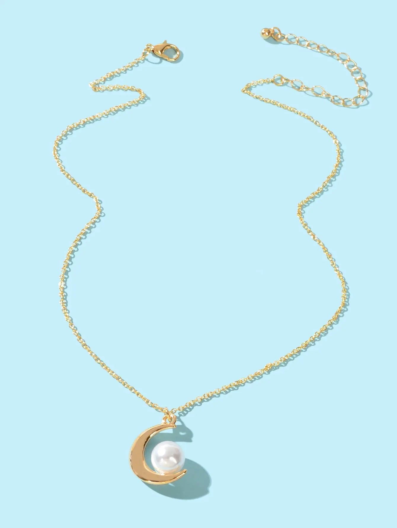 Elegant Imitation Pearl Decor Gold Chain Moon Pendant Necklace Dinner Jewellery Feelontop Jewellery