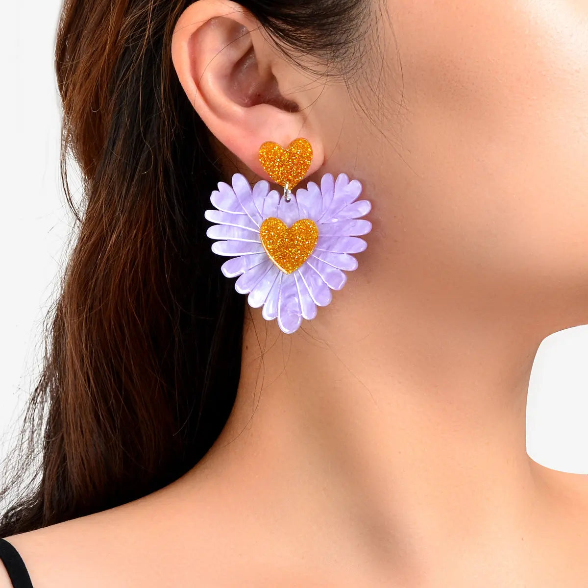 Sweet Holiday Acrylic Purple Flower Heart Earrings Valentine's Day Gift Jewelry Feelontop Jewellery