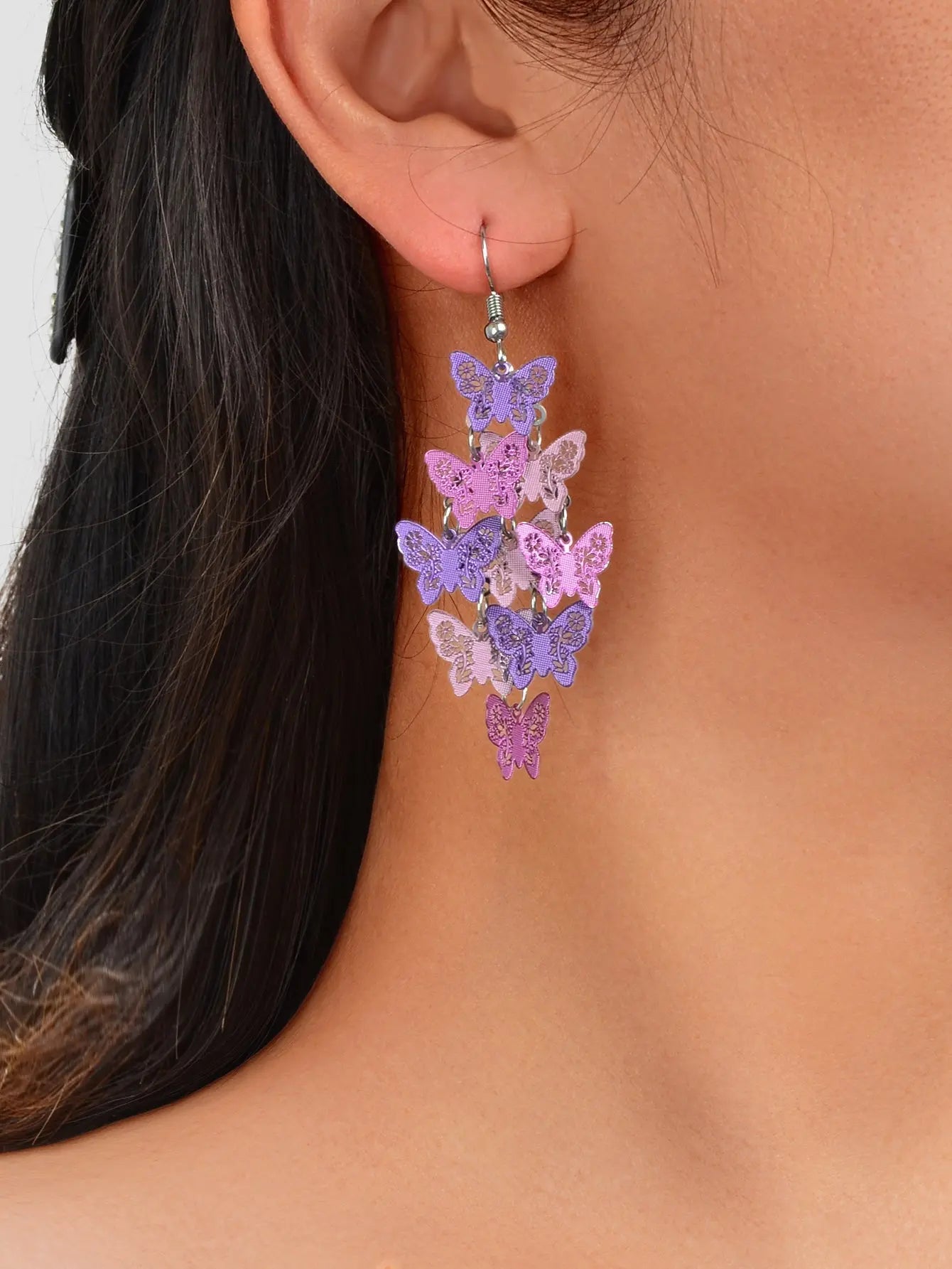 Women's Fashion Hot Pink Purple Hollow Multi-level Butterfly Chandelier Earrings Feelontop Jewellery