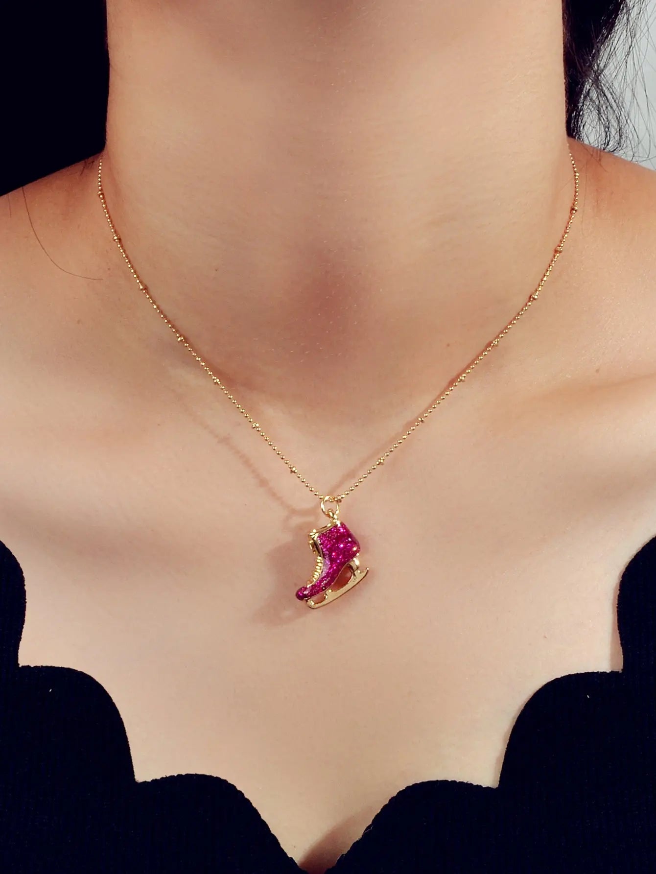 Funny Gift for Women Gold Popcorn Chain Hotpink Ice Skate Shoes Pendant Necklace-0