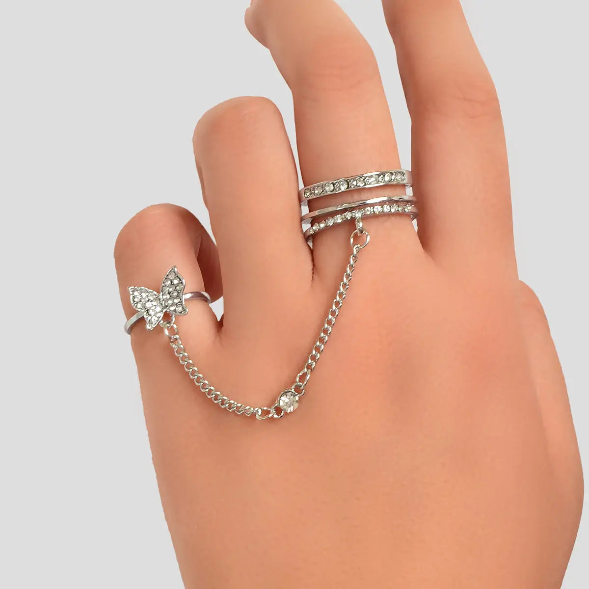 Personality Rhinestone Silver Butterfly Double Fingers Ring with Chain Ear Cuff Feelontop Jewellery