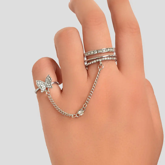 Personality Rhinestone Silver Butterfly Double Fingers Ring with Chain Ear Cuff Feelontop Jewellery