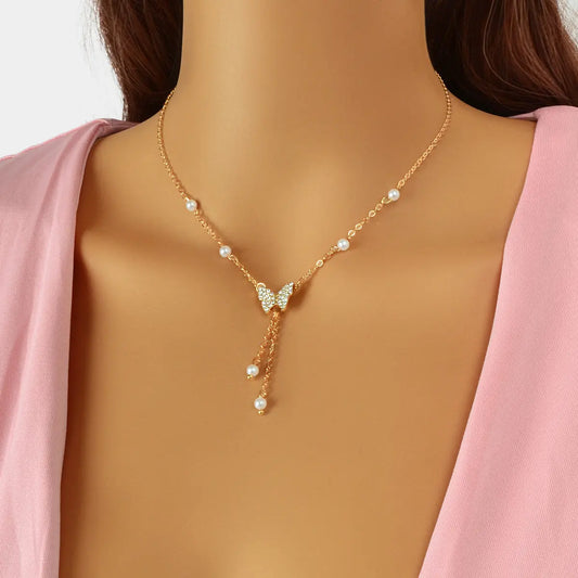 Personalized Gold Plated Dainty Buttefly Lariat Y-Shaped Necklace Pearl Jewelry Feelontop Jewellery
