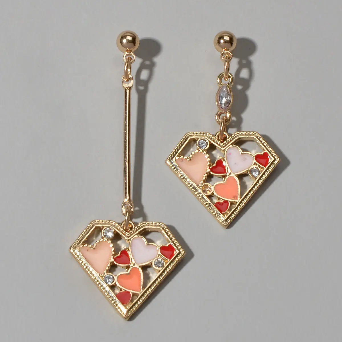 Rhinestone Decor Multi-colored Heart Asymmetric Earrings Feelontop Jewellery