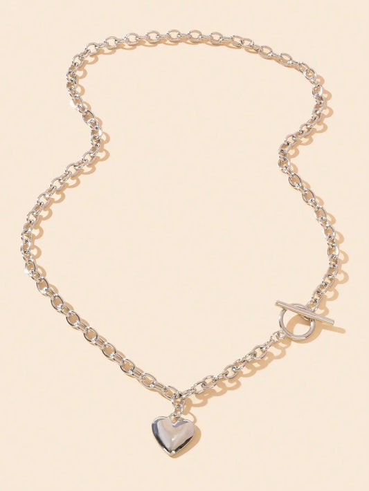 Silver Heart Pendant OT Clasp Necklace Elegant Statement Long Chain Jewelry Feelontop Jewellery