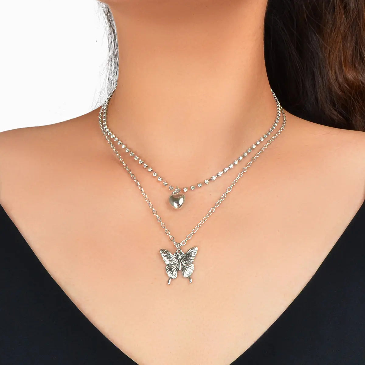 2 pcs Multiple Layered Rhinestone Chain Silver Heart Carved Butterfly Necklace Feelontop Jewellery