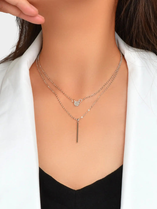 Female Jewellery Rhinestone Double layer Silver Chain Round Bar Pendant Necklace Feelontop Jewellery