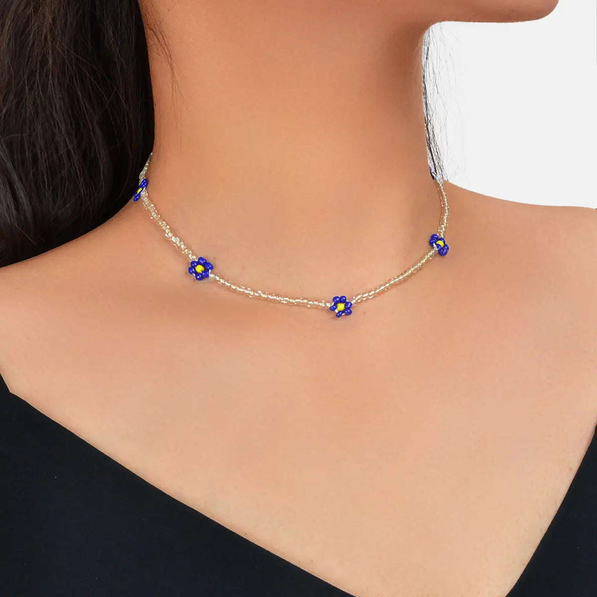 Boho Handmade Seed Beads Choker Blue Flower Collar Necklace Prom Party Jewellery Feelontop Jewellery