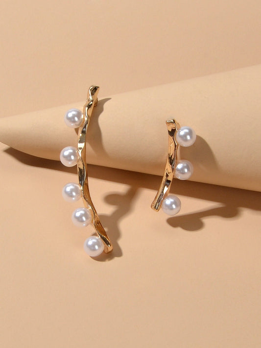 Anniversary Jewellery Pearl Decor Gold Strip Asymmetric Pierced Stud Earrings Feelontop Jewellery