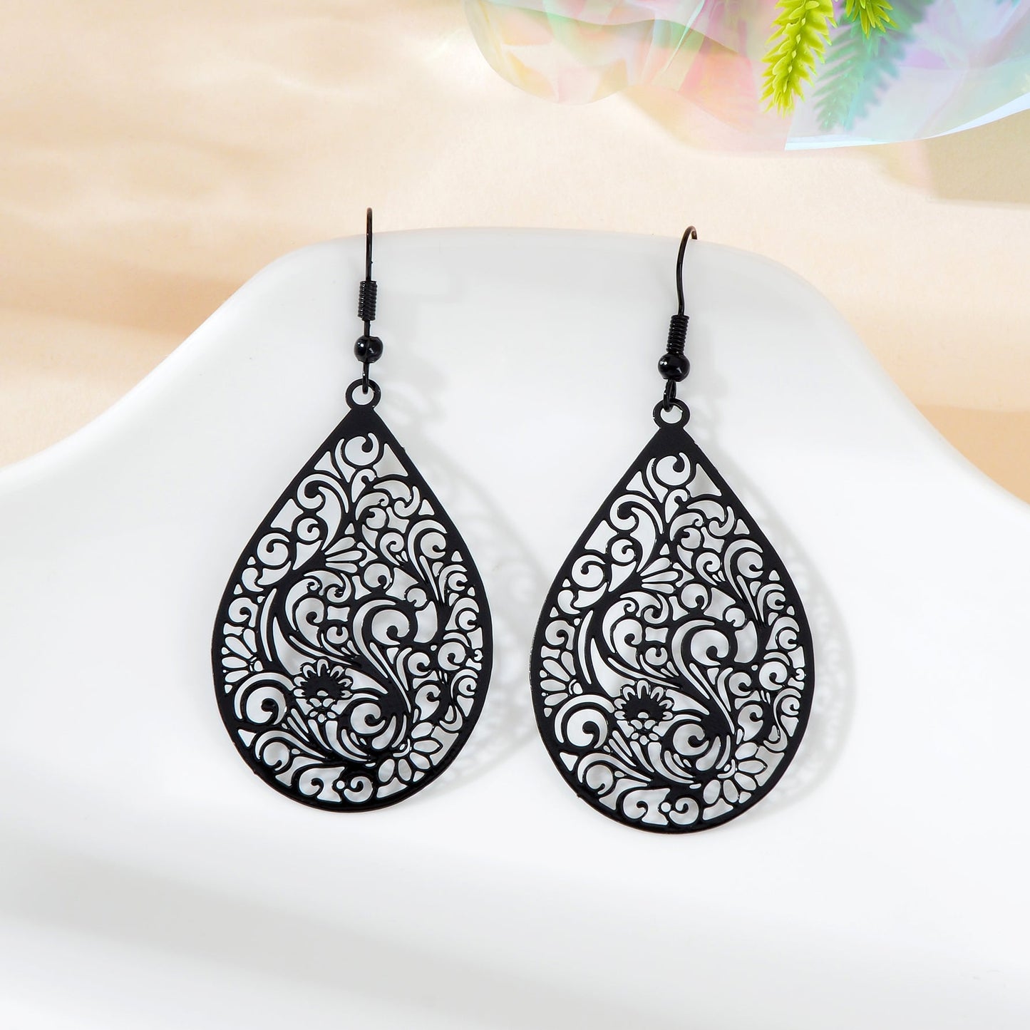 Retro Hollow Black Flower Pattern Water Drop Earrings Party Daily Prom Jewelry Feelontop Jewellery