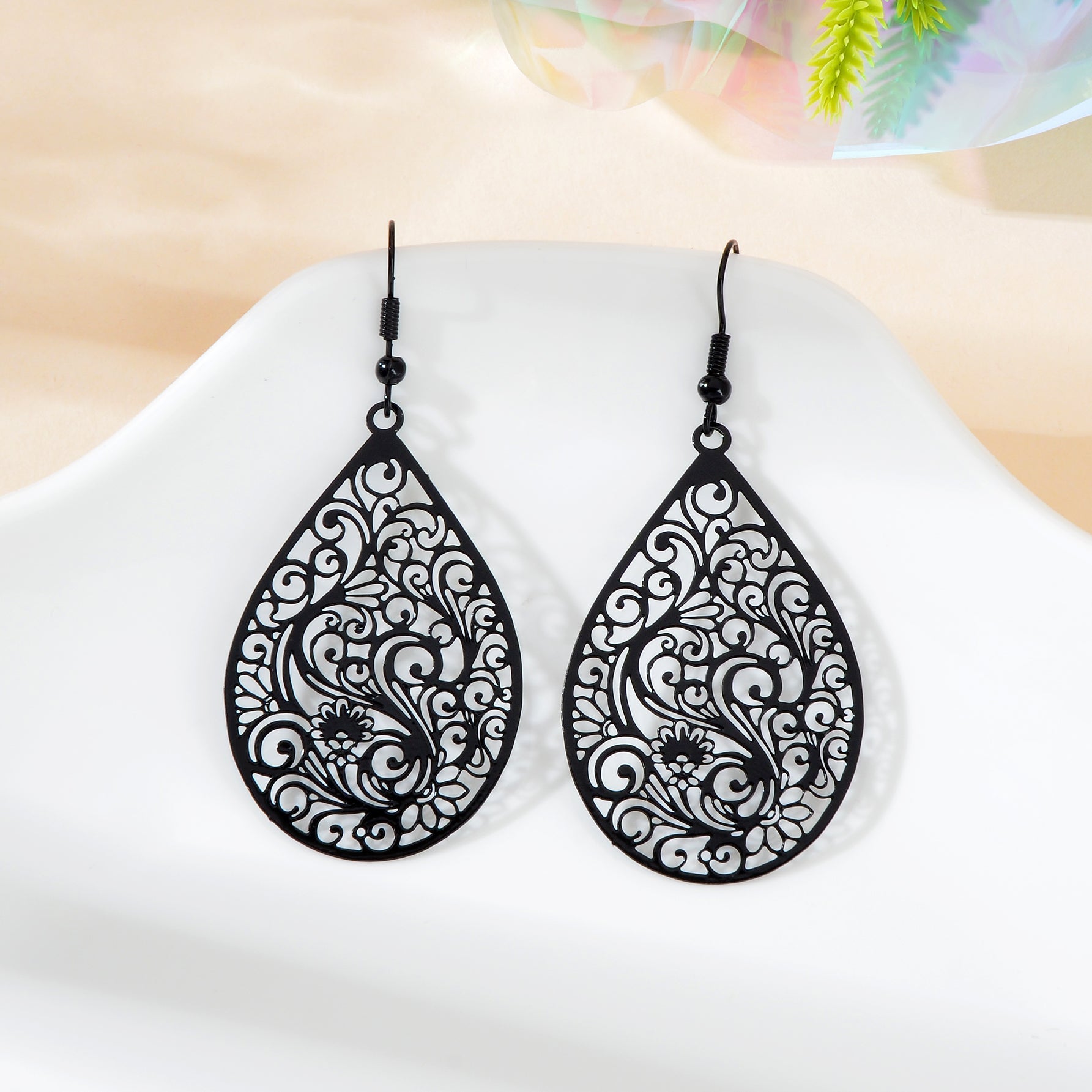 Retro Hollow Black Flower Pattern Water Drop Earrings Party Daily Prom Jewelry Feelontop Jewellery