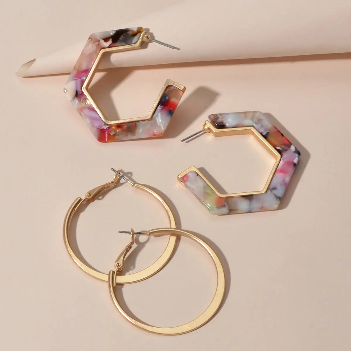Boho Chic 2 pairs Multicolor Acrylic Square Circle Party Hoop Earrings set Gift Feelontop Jewellery
