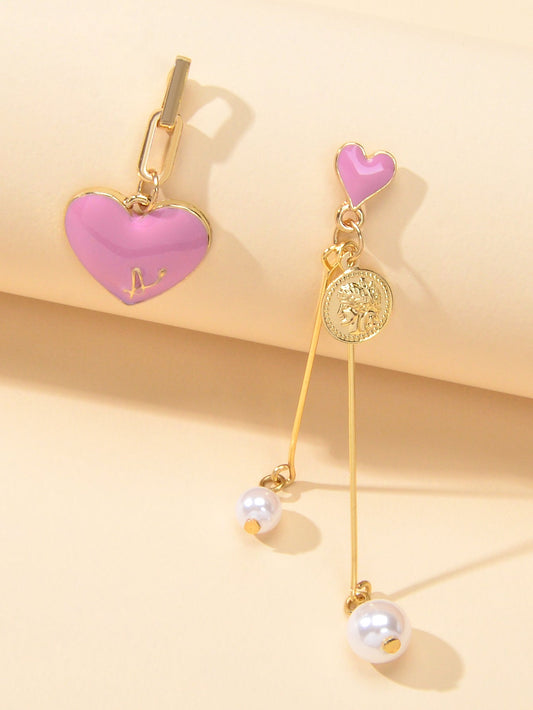 Valentine's Day Jewellery Pearl Cion Charm Pink Enamel Heart Asymmetric Earrings Feelontop Jewellery