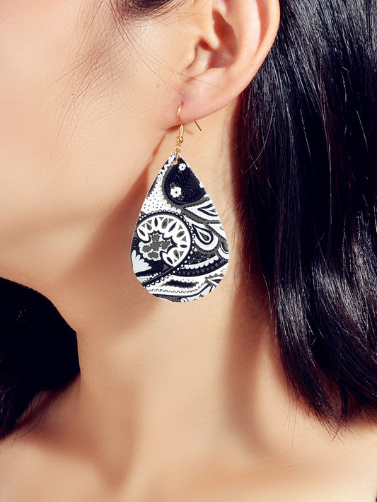 Ethnic Jewellery White Black Geometric Pu Leather Water Drop Dangle Earrings Feelontop Jewellery