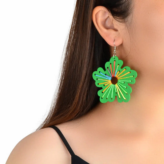 Boho Handmade Jewellery Colorful Rope Braided Green Flower Wood Holiday Earrings Feelontop Jewellery