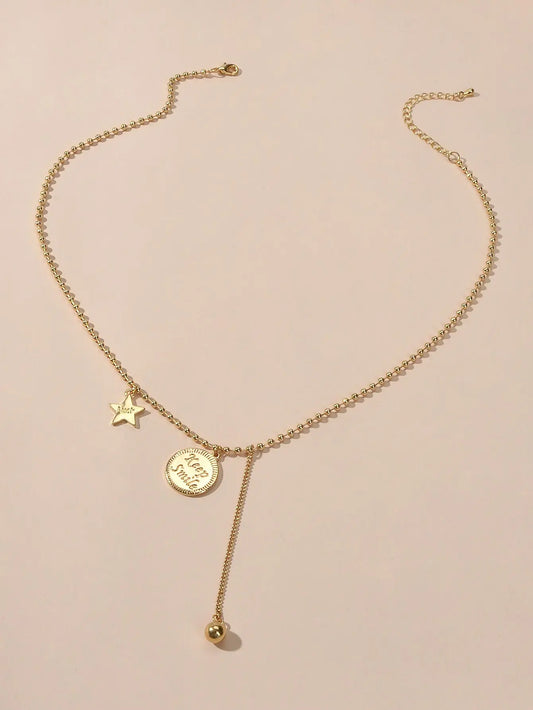 Dainty Party Jewellery Gold Popcorn Chain Luck Letter Star Round Charm Necklace Feelontop Jewellery