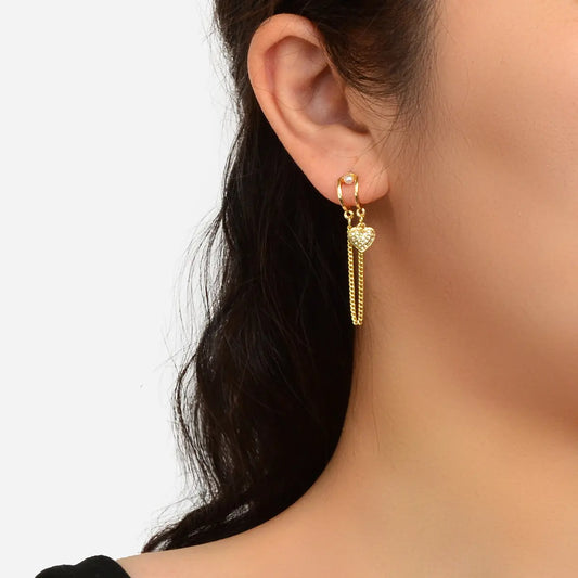 Unique Cubic Zirconia Hypoallergenic Gold Tassel Chain Heart Piercing Earrings Feelontop Jewellery