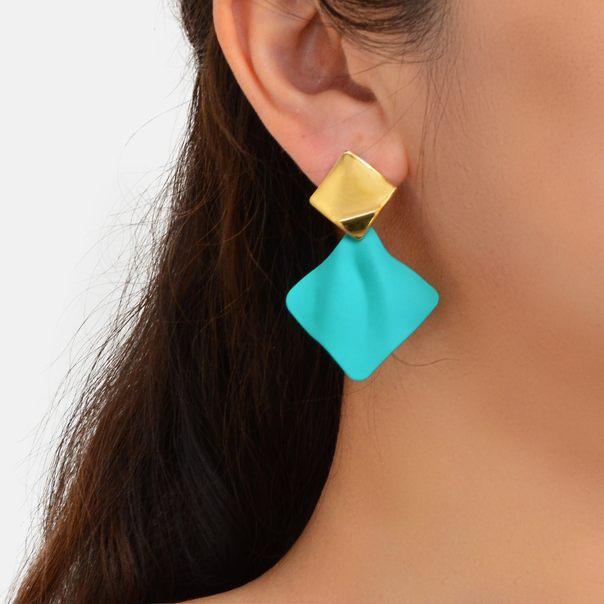 Retro Style Blue Enamel Geometric Square Hypoallergenic Pierced Party Earrings Feelontop Jewellery