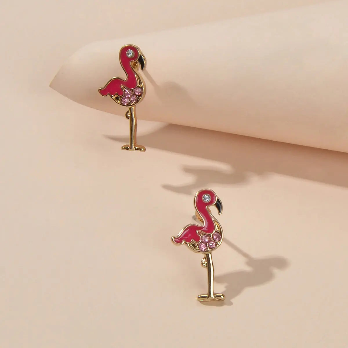Pink Rhinestone Enamel Flamingo Bird Stud Earrings Sensitive Ears Dainty Gift Feelontop Jewellery