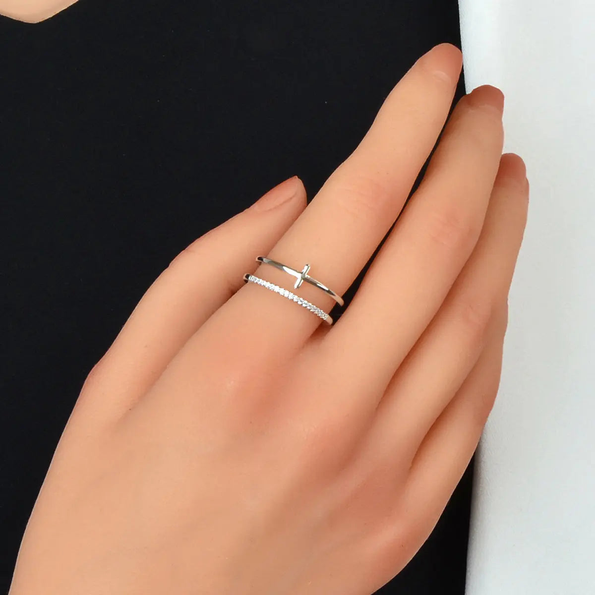 Designer Stylish Rhinestone Decor Silver Hollow out Cross Open Cuff Finger Ring Feelontop Jewellery