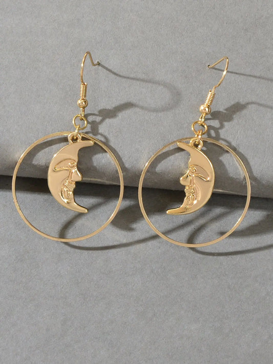 Gold Circle Moon Charm Dangle Earrings Minimalist Party Accessories Jewellery Feelontop Jewellery