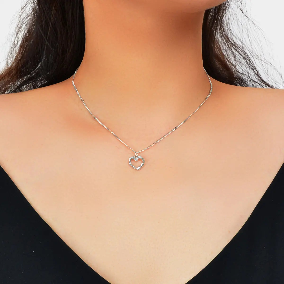 Women Dainty Gifts Silver Chain Rhinestone Heart Charm Necklace Delicate Jewelry Feelontop Jewellery