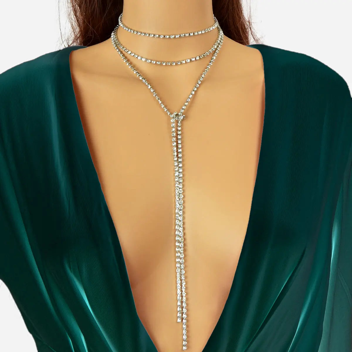 Luxury Multilayered Silver Chain Tassel Full Rhinestone Long Y Style Necklace Feelontop Jewellery