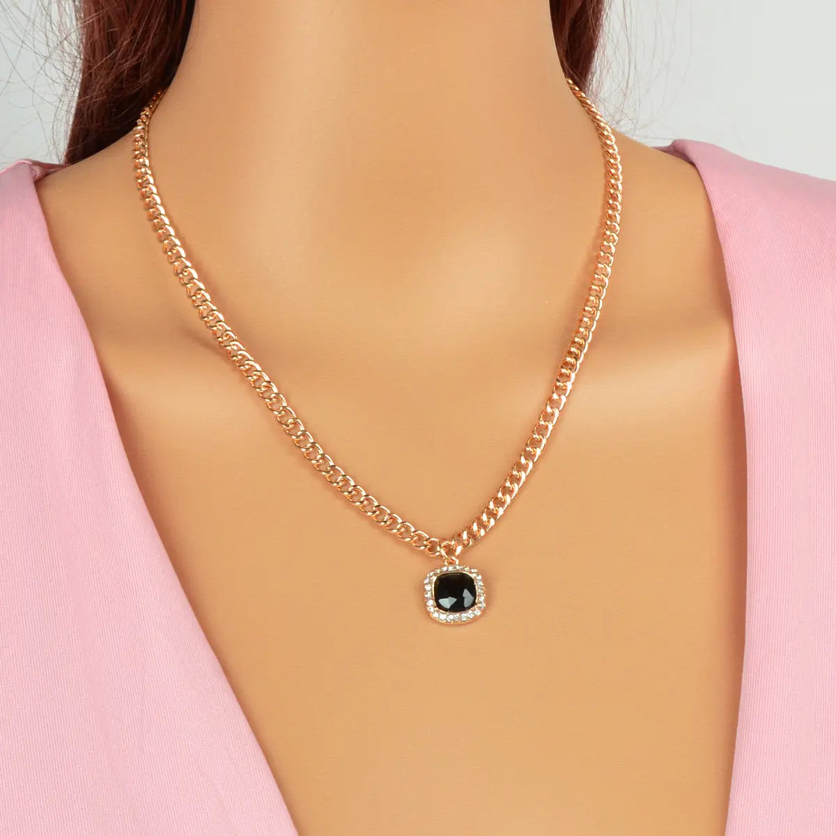 Exquisite Gold Chain Rhinestone Decor Black Square Pendant Women Dinner Necklace Feelontop Jewellery
