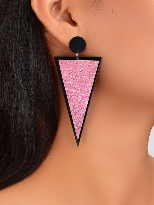 Shining Pink Sequin Decor Acrylic Triangle Geometric Dangle Earrings for Party Feelontop Jewellery