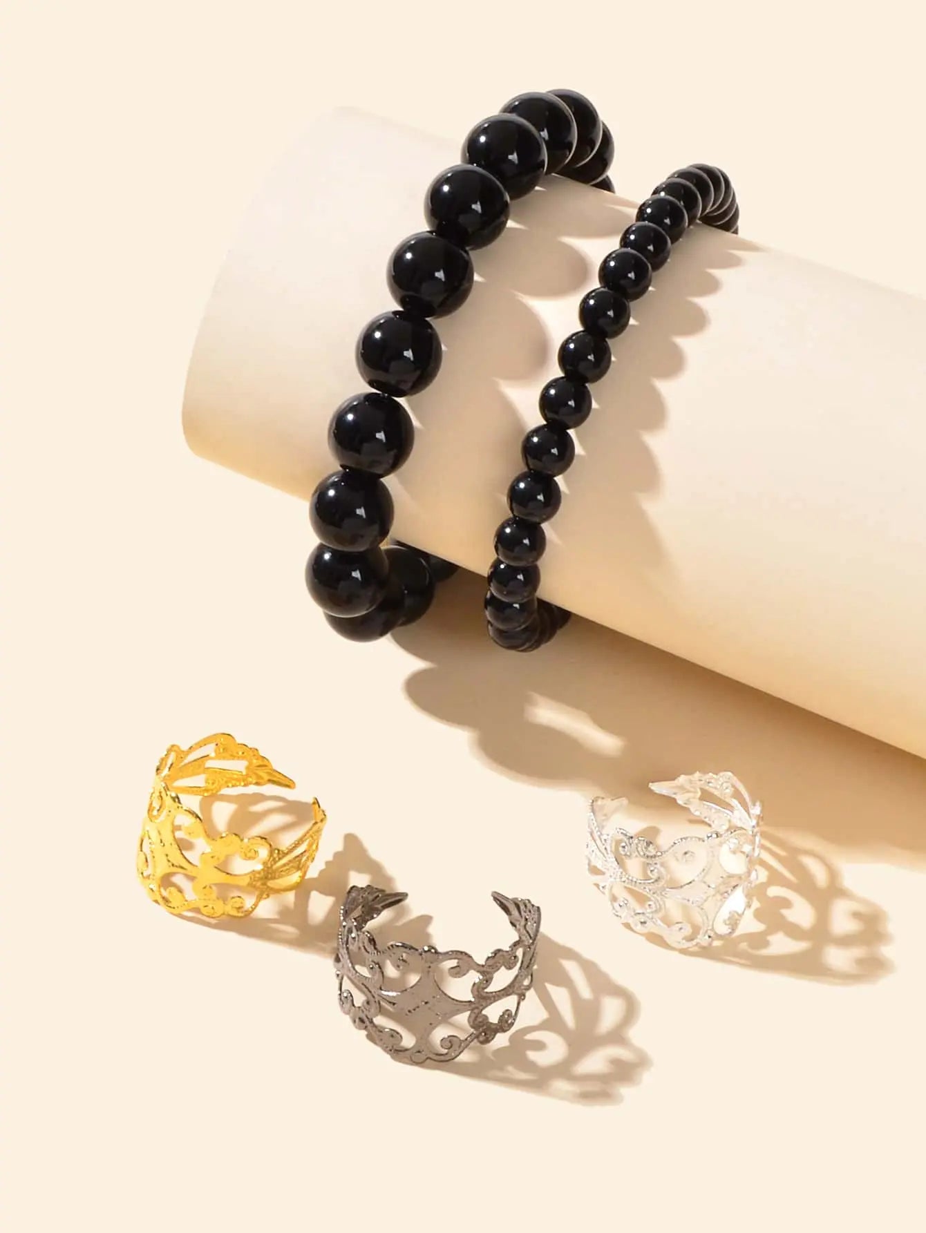 Double Layer Black Bead Bracelet with 3 Vintage Rings Set - Retro Chic Ensemble Feelontop Jewellery